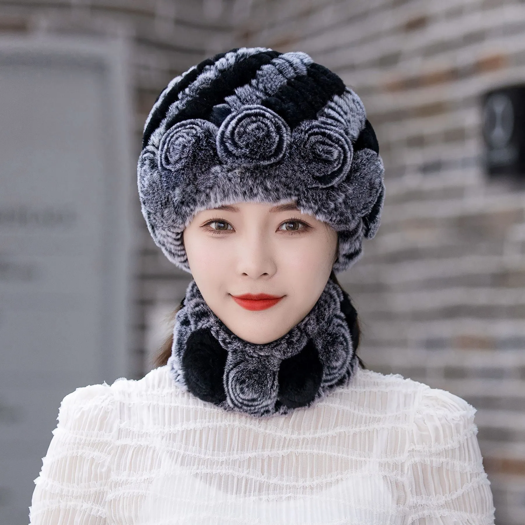 Winter Warm Rex Rabbit Fur Hat Scarf Suit