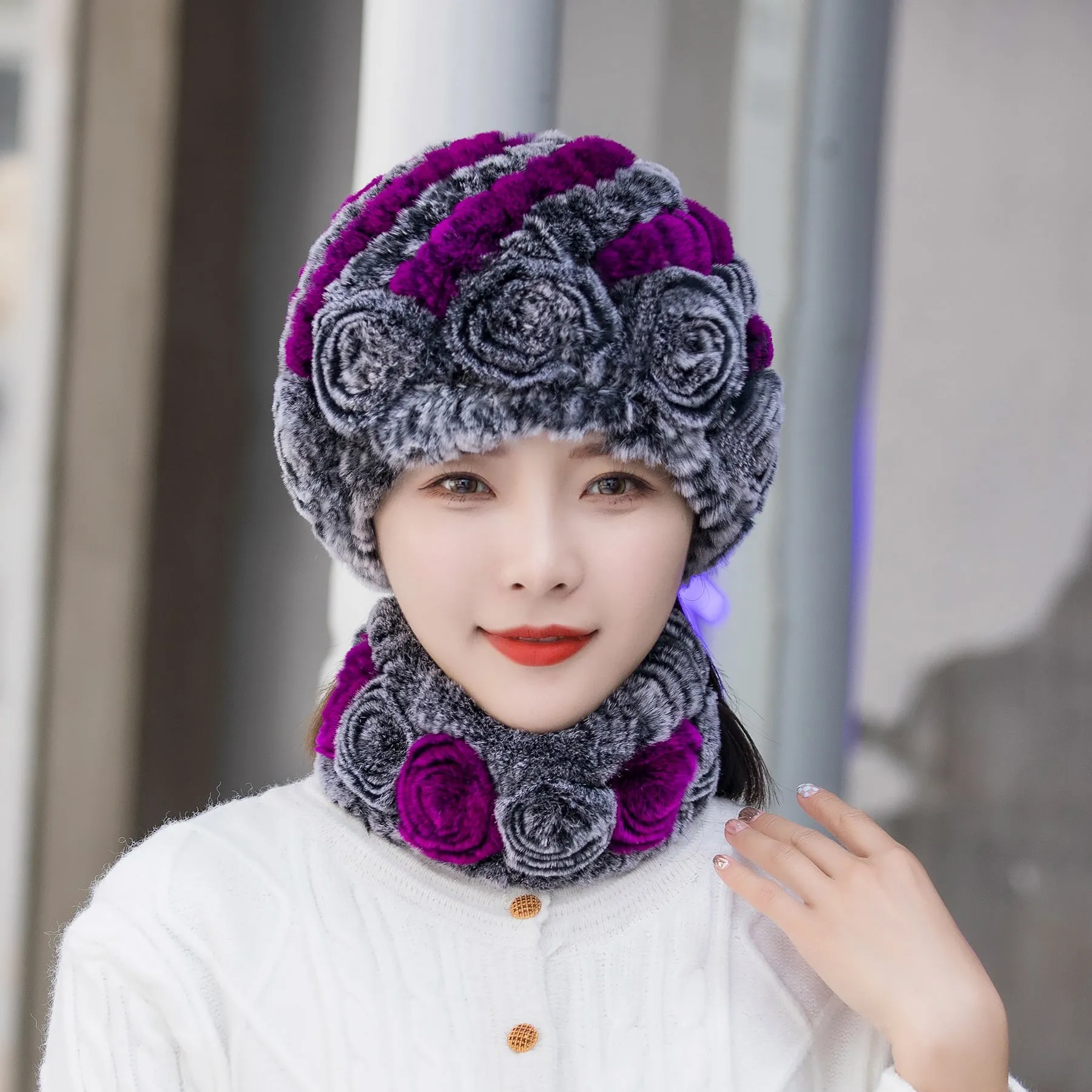 Winter Warm Rex Rabbit Fur Hat Scarf Suit