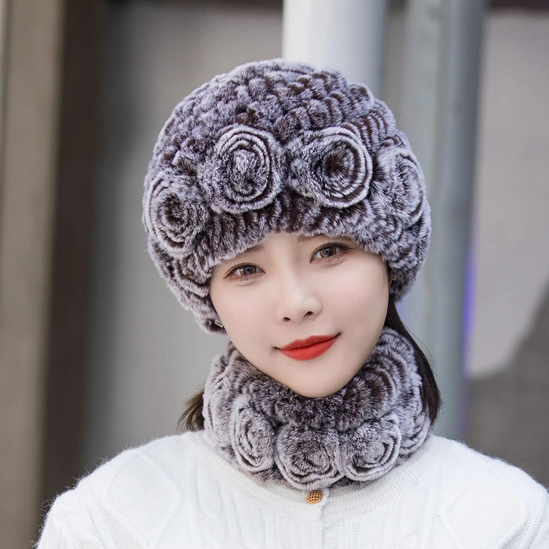 Winter Warm Rex Rabbit Fur Hat Scarf Suit