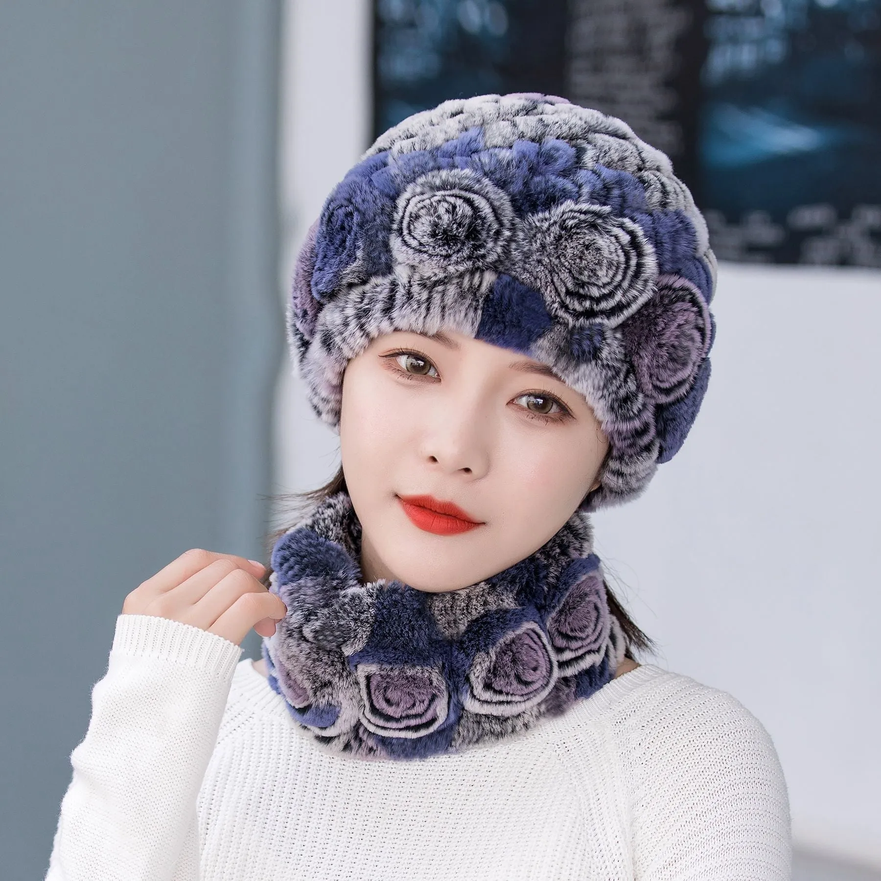 Winter Warm Rex Rabbit Fur Hat Scarf Suit