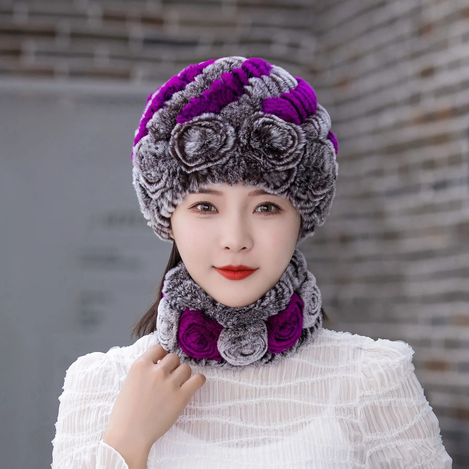 Winter Warm Rex Rabbit Fur Hat Scarf Suit