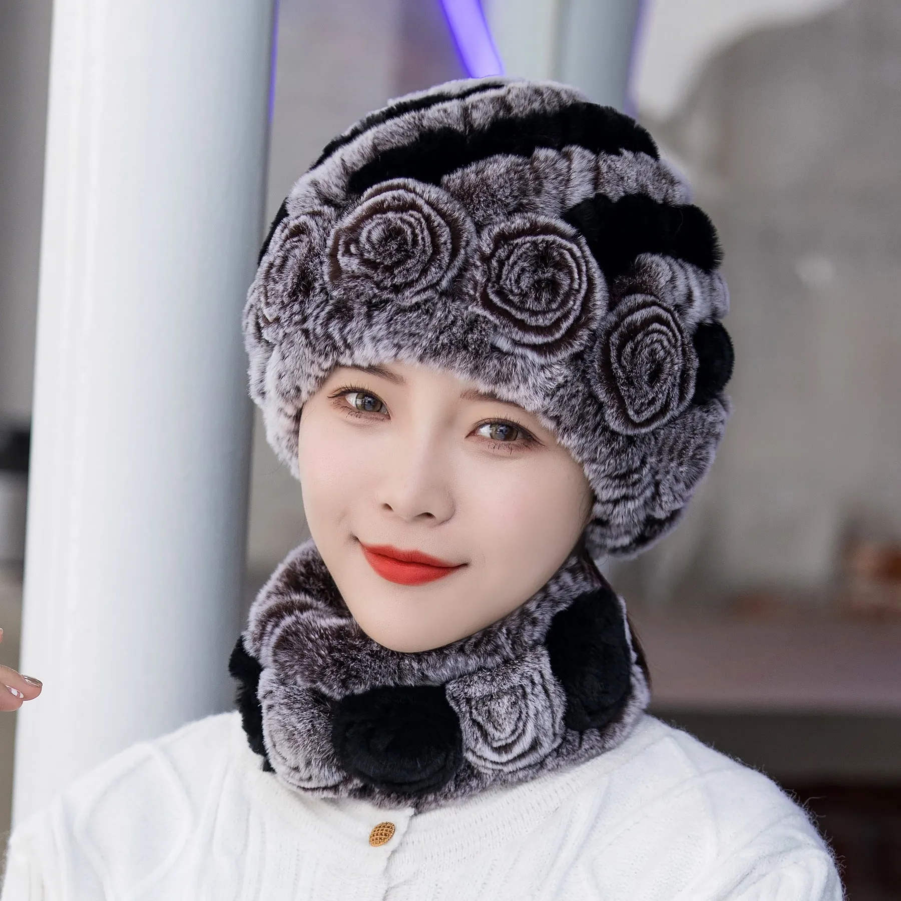 Winter Warm Rex Rabbit Fur Hat Scarf Suit